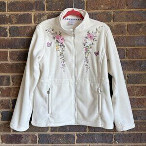 BRADFORD EX Cream Pink Embroidered Floral Butterfly Fleece Zip Sweater Jacket M
